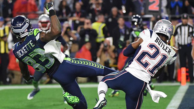Malcolm Butler makes a game-saving interception at the end of Super Bowl XLIX.  (Photo by Timothy A. Clary/AFP/Getty Images)