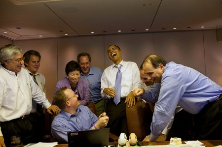 Barack Obama, Valerie Jarrett, David Axelrod And Other Staff Members Laugh It Up