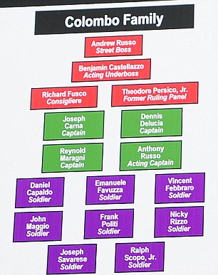 Who's in charge: The colour-coded organisational chart shows the hierarchy of some of the most feared Mafia families in New York - the boss, underboss, captains and soldiers are depicted on different levels of the chart