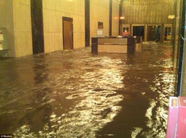 Submerged: The lobby of Verizon's Corporate headquarters in Manhattan. The headquarter houses executive offices as well as some of the company's key telecom equipment that supports services to New York's financial district 