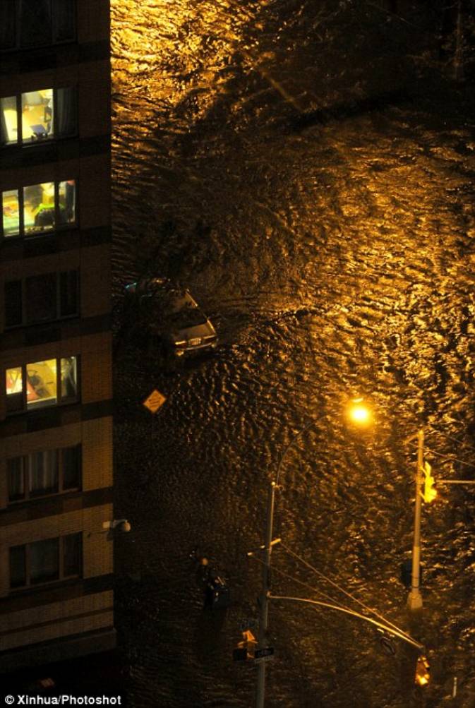 Photo taken on Oct. 29, 2012 shows a flooded street in Manhattan as Hurricane Sandy made its approach in New York