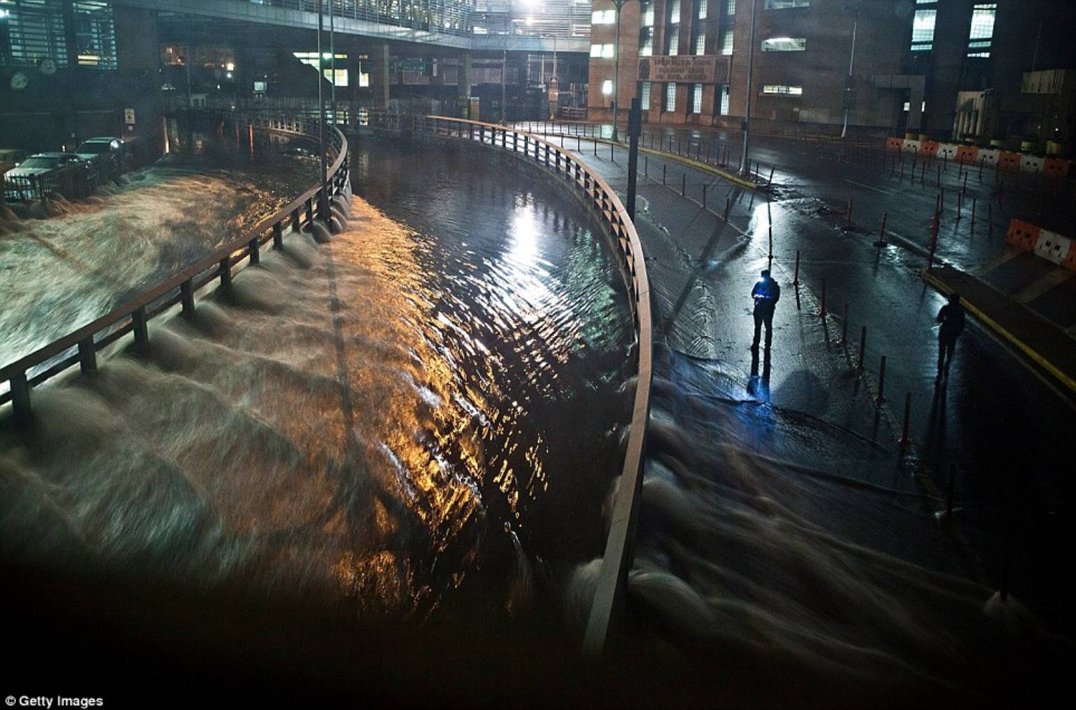 Flooding: Water rushes into the Carey Tunnel (previously the Brooklyn Battery Tunnel), caused by Sandy on Monday night in the financial district of New York