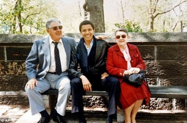 Family tree: Barack Obama (centre) with his maternal grandparents Stanley Armour Dunham, (left) and Madelyn Dunham in New York City in the 1980s